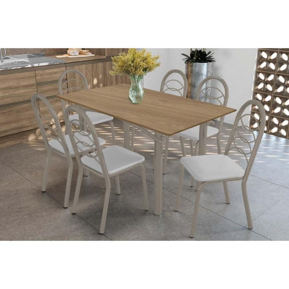 Sala de Jantar Completa Elba c/ Tampo de Madeira 160cm e 6 Cadeiras Holanda Niquel/Nogueira - Courano Branco - Kappesberg