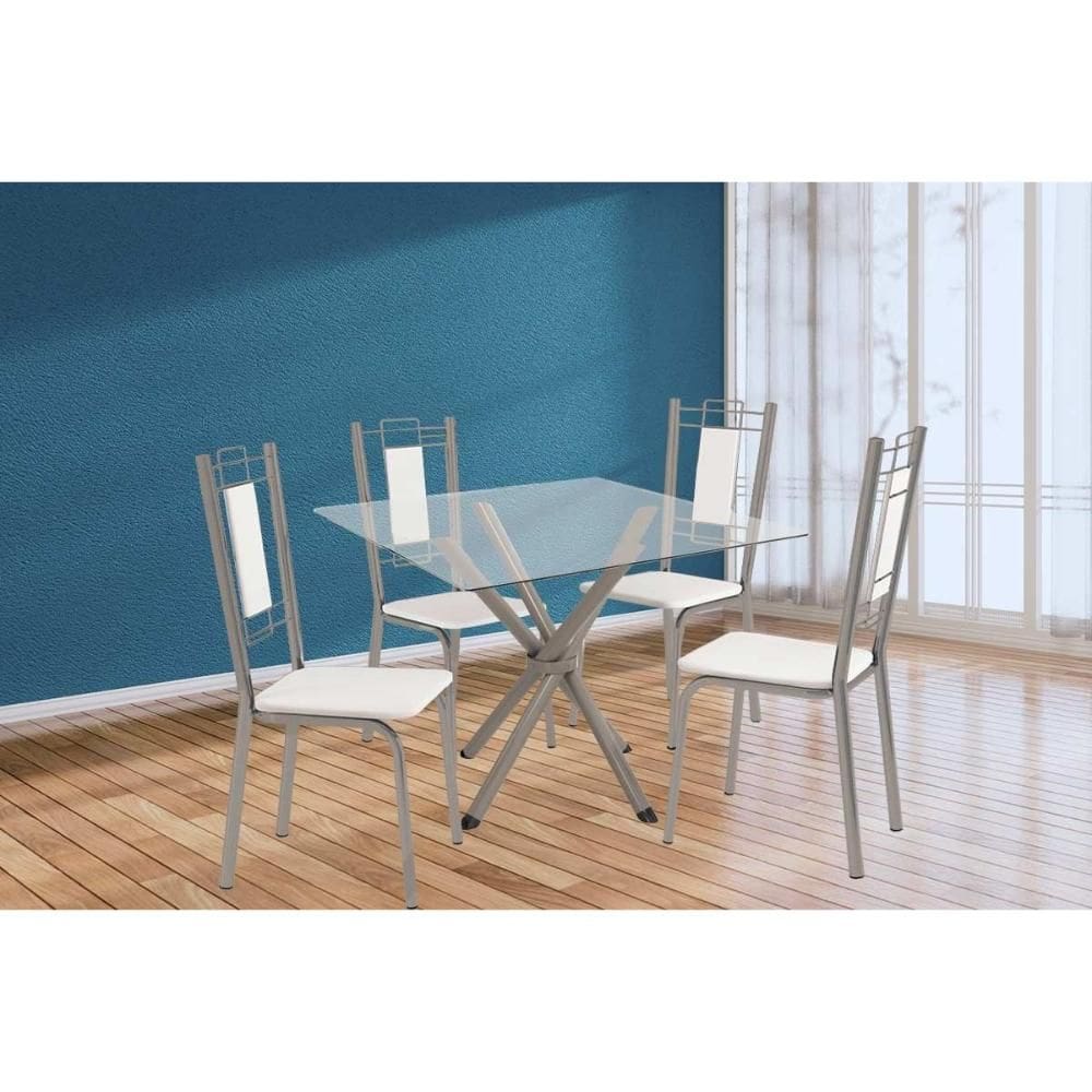 Sala de Jantar Completa Volga c/ Tampo de Vidro 90cm e 4 Cadeiras Florença Niquel - Courano Branco - Kappesberg