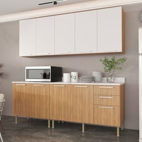 Cozinha Compacta 200cm 6 Peças, 9 Portas e 3 Gavetas Freijó/Branco