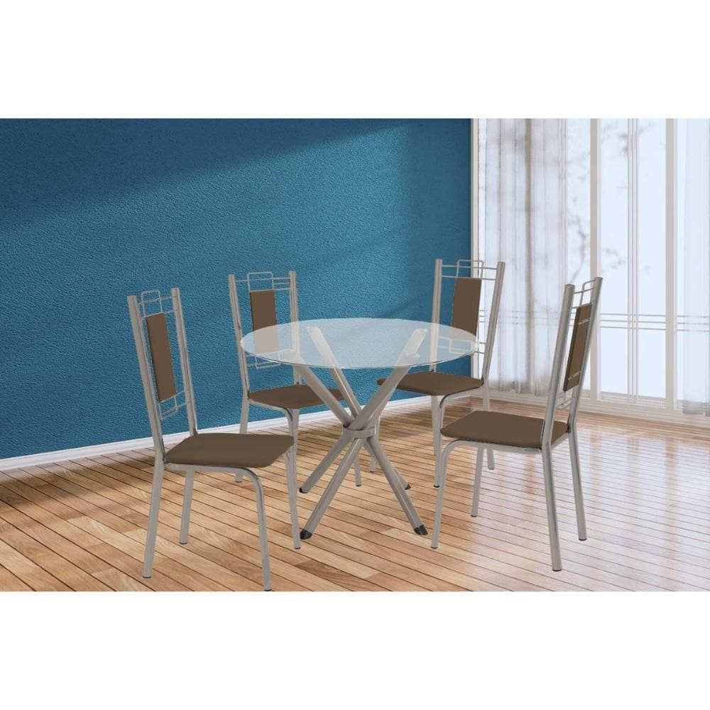 Sala de Jantar Completa Volga c/ Tampo de Vidro 95cm e 4 Cadeiras Florença Niquel - Courano Marrom - Kappesberg