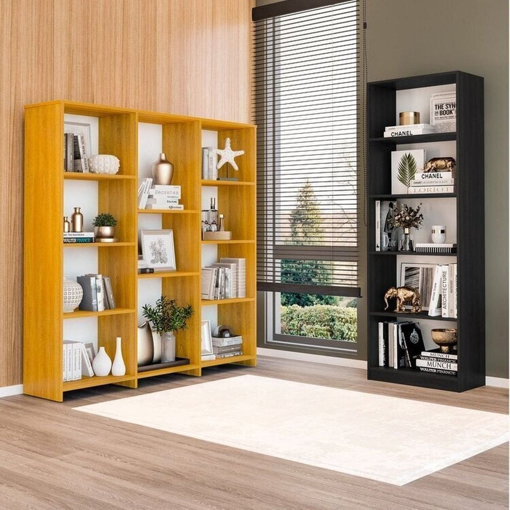 Kit com 1 Estante Multiuso 5 Nichos Montreal e 1 Estante Livreiro 11 Nichos Odelia Preto/Freijó
