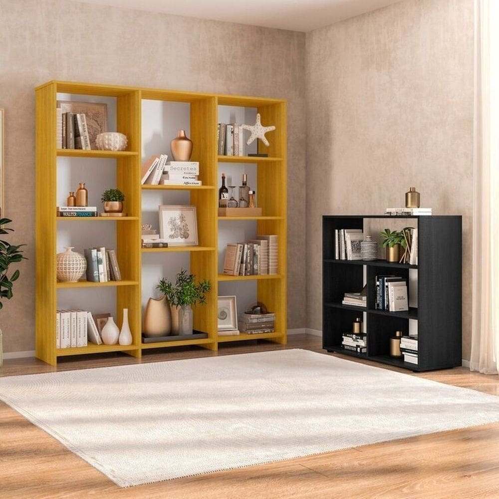 Kit 1 Estante Livreiro 11 Nichos Odelia e 1 Estante Multiuso 5 Nichos Cairo Freijó/Preto