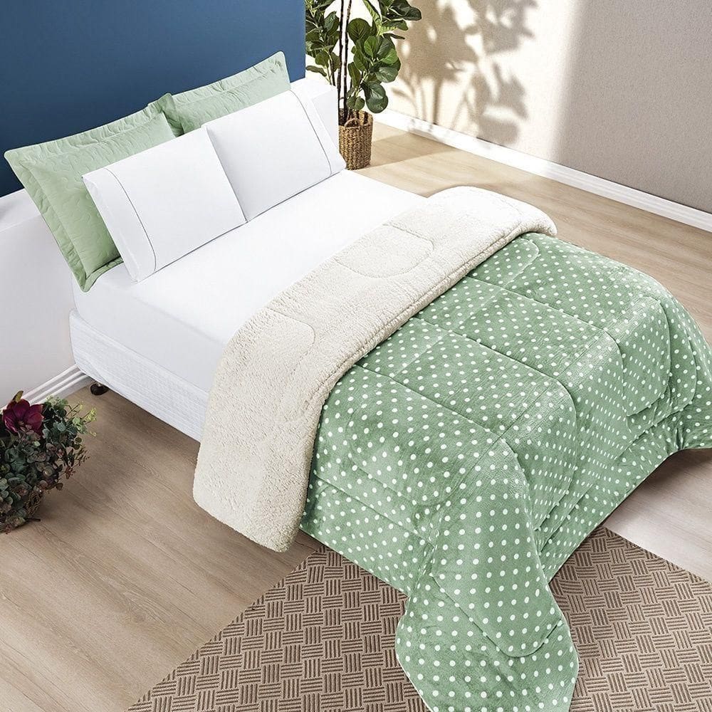 Coberdrom Estampado Sherpa E Flannel Petit Poá Solteiro 01 Peça Manta Alta 150g - Salvia
