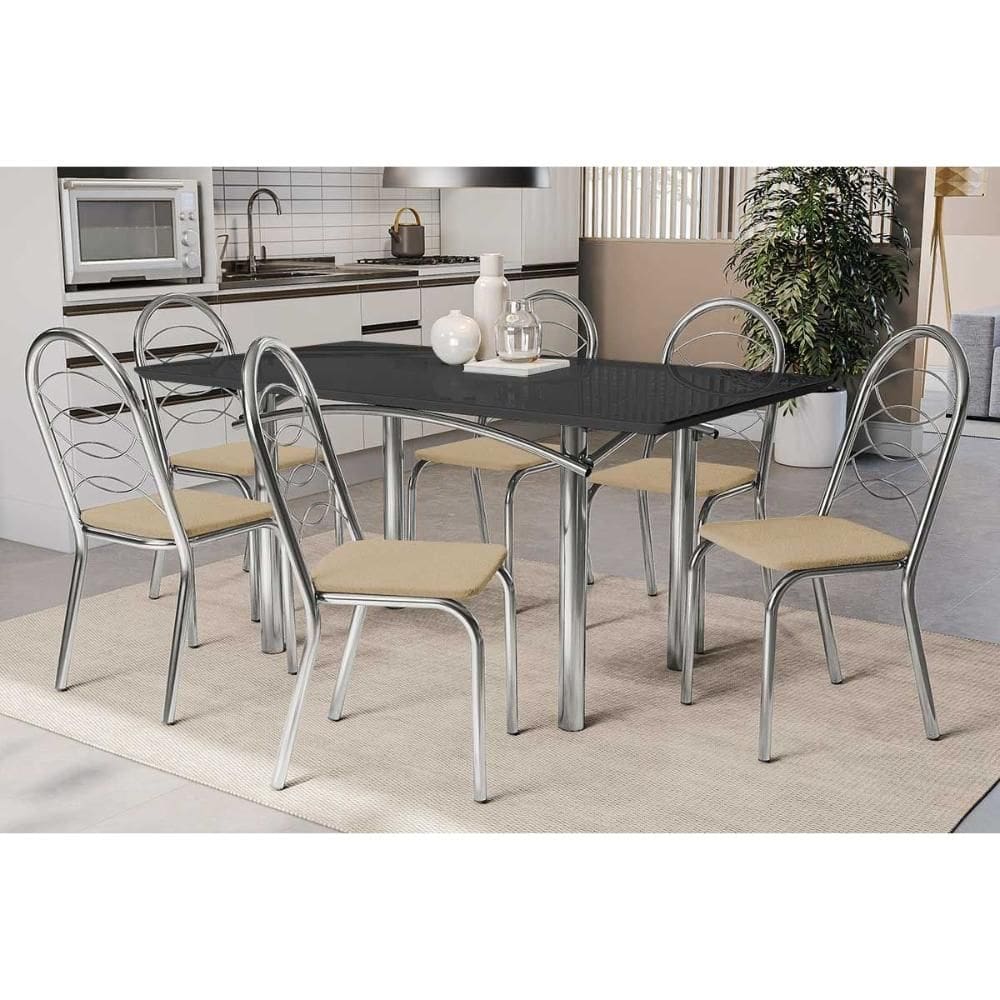 Sala de Jantar Completa Elba Tampo Madeirado c/ Vidro 160cm e 6 Cadeiras Holanda Cromada/Preto - Courano Bege - Kappesberg