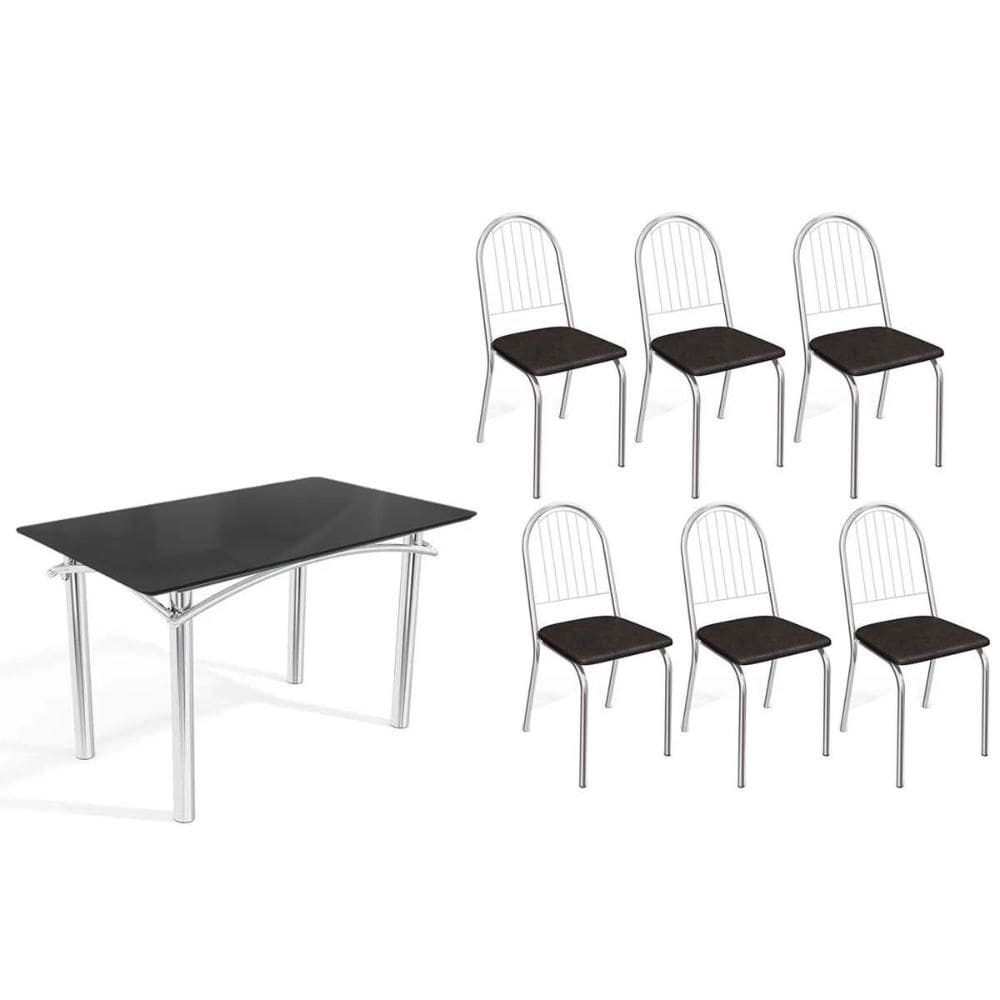 Sala de Jantar Completa Elba Tampo Madeirado c/ Vidro 120cm e 6 Cadeiras Noruega Cromada/Preto - Courano Preto - Kappesberg