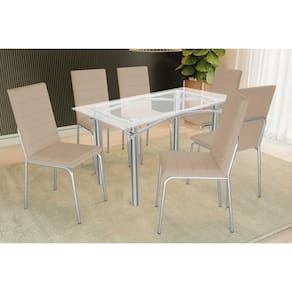 Sala de Jantar Completa Elba c/ Tampo de Vidro 140cm e 6 Cadeiras Amsterdã Cromada - Courano Bege - Kappesberg