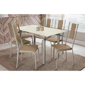 Sala de Jantar Completa Elba Tampo Madeirado c/ Vidro 160cm e 6 Cadeiras Lisboa Niquel/Off White - Courano Capuccino - Kappesberg