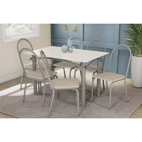 Sala de Jantar Completa Elba Tampo Madeirado c/ Vidro 120cm e 6 Cadeiras Noruega Niquel/Off White - Courano Bege - Kappesberg