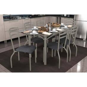 Sala de Jantar Completa Elba c/ Tampo de Vidro 150cm e 6 Cadeiras Portugal Niquel - Courano Preto - Kappesberg