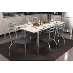 Sala de Jantar Completa Elba Tampo Madeirado c/ Vidro 160cm e 6 Cadeiras Portugal Cromada/Off White - Courano Preto - Kappesberg