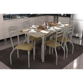 Sala de Jantar Completa Elba Tampo Madeirado c/ Vidro 160cm e 6 Cadeiras Portugal Niquel/Freijo Bronze - Courano Capuccino - Kappesberg