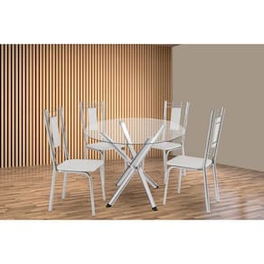 Sala de Jantar Completa Volga c/ Tampo de Vidro 95cm e 4 Cadeiras Florença Cromada - Courano Branco - Kappesberg