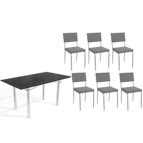 Sala de Jantar Completa Elba Tampo Madeirado c/ Vidro 160cm e 6 Cadeiras Zaria Cromada/Preto - Suede Cinza - Kappesberg