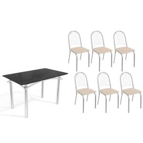 Sala de Jantar Completa Elba Tampo Madeirado c/ Vidro 120cm e 6 Cadeiras Noruega Cromada/Preto - Courano Bege - Kappesberg