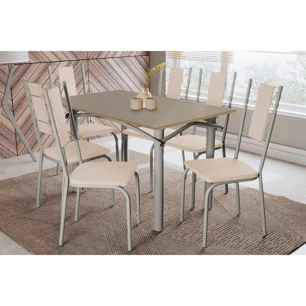 Sala de Jantar Completa Elba Tampo Madeirado c/ Vidro 120cm e 6 Cadeiras Lisboa Niquel/Freijo Bronze - Courano Bege - Kappesberg