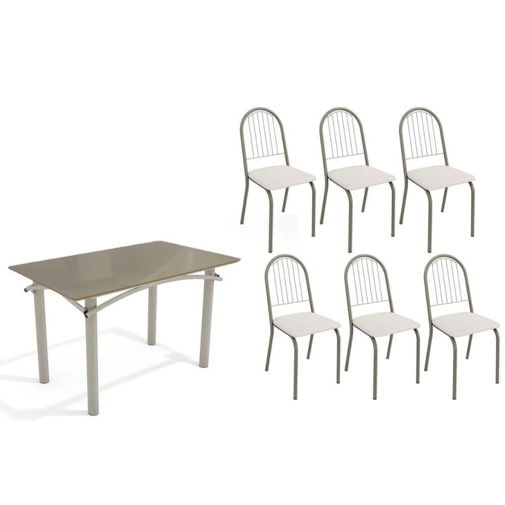 Sala de Jantar Completa Elba Tampo Madeirado c/ Vidro 120cm e 6 Cadeiras Noruega Niquel/Freijo Bronze - Courano Branco - Kappesberg