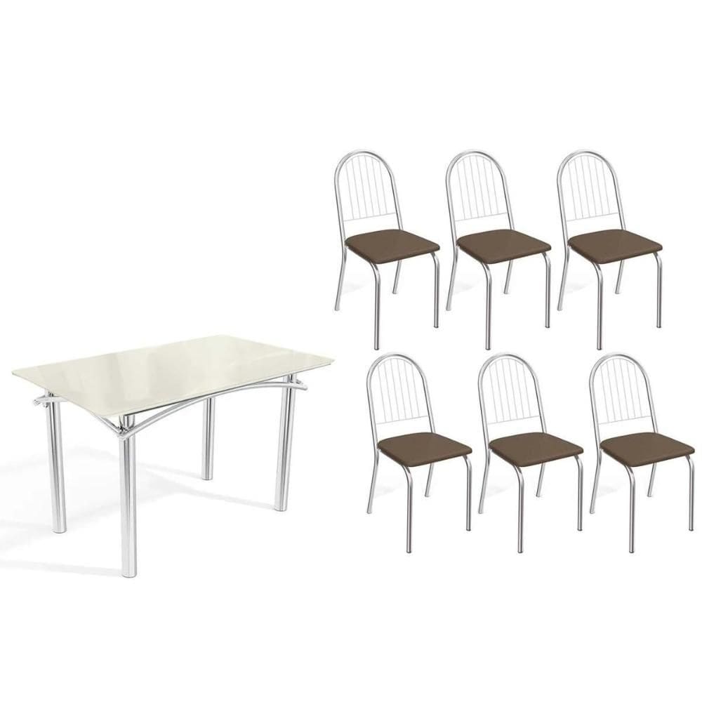 Sala de Jantar Completa Elba Tampo Madeirado c/ Vidro 120cm e 6 Cadeiras Noruega Cromada/Off White - Courano Marrom - Kappesberg