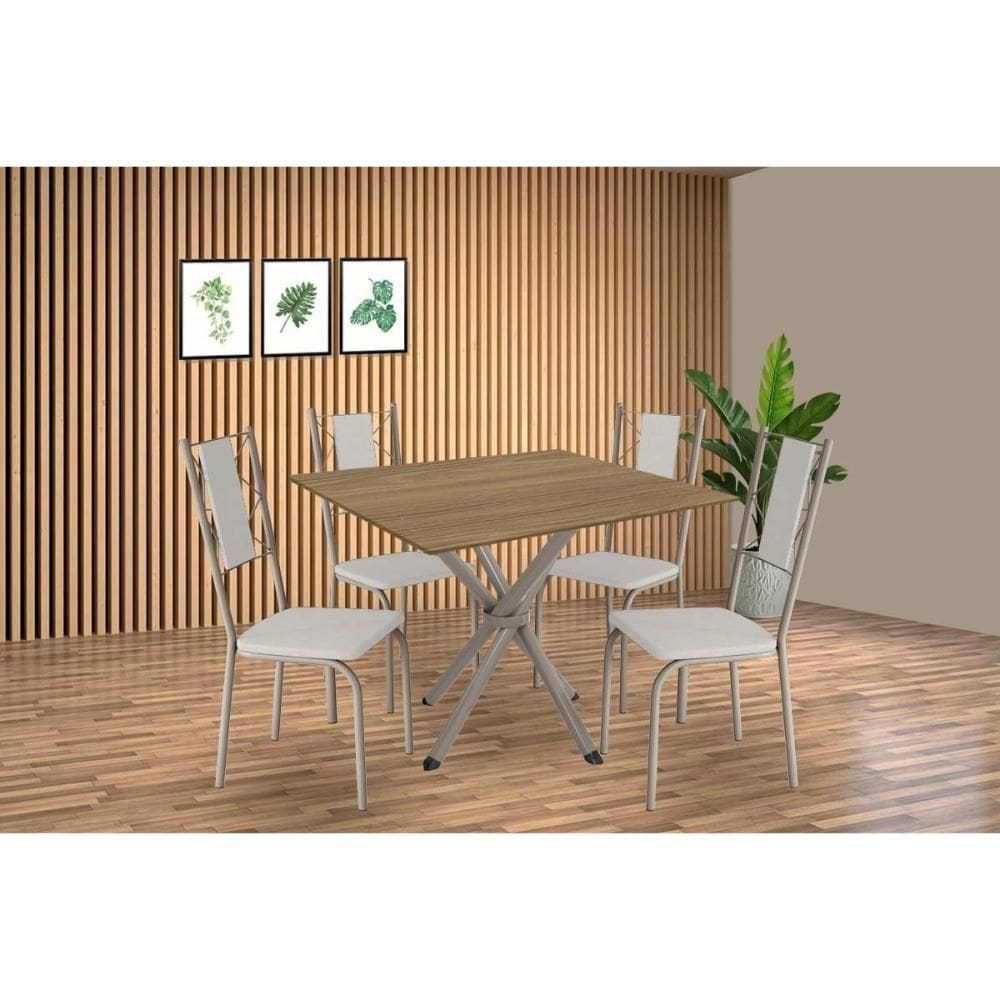 Sala de Jantar Completa Volga c/ Tampo de Madeira 90cm e 4 Cadeiras Lisboa Niquel/Nogueira - Branco - Kappesberg