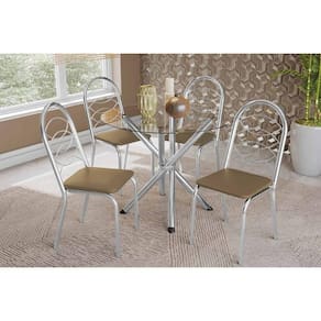 Sala de Jantar Completa Volga c/ Tampo de Vidro 95cm e 4 Cadeiras Holanda Cromada - Courano Capuccino - Kappesberg