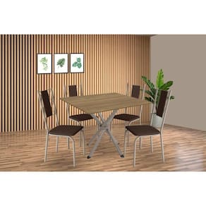 Sala de Jantar Completa Volga c/ Tampo de Madeira 90cm e 4 Cadeiras Lisboa Niquel/Nogueira - Marrom - Kappesberg