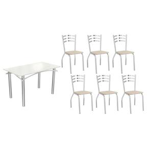 Sala de Jantar Completa Elba Tampo Madeirado c/ Vidro 120cm e 6 Cadeiras Portugal Cromada/Off White - Courano Bege - Kappesberg