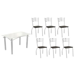 Sala de Jantar Completa Elba Tampo Madeirado c/ Vidro 120cm e 6 Cadeiras Portugal Cromada/Off White - Courano Preto - Kappesberg