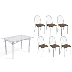Sala de Jantar Completa Elba c/ Tampo de Vidro 120cm e 6 Cadeiras Noruega Cromada - Courano Marrom - Kappesberg