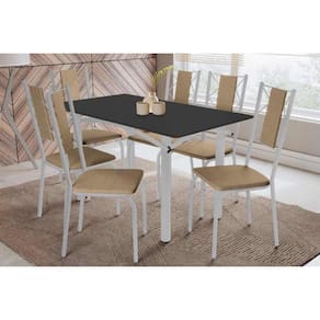 Sala de Jantar Completa Elba Tampo Madeirado c/ Vidro 160cm e 6 Cadeiras Lisboa Cromada/Preto - Courano Capuccino - Kappesberg