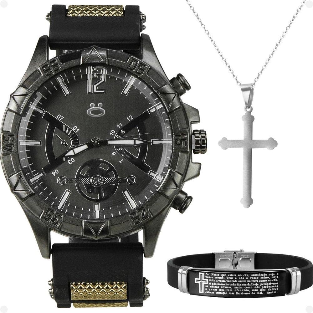 Relogio Masculino Preto Aço + Pulseira Social Robusto