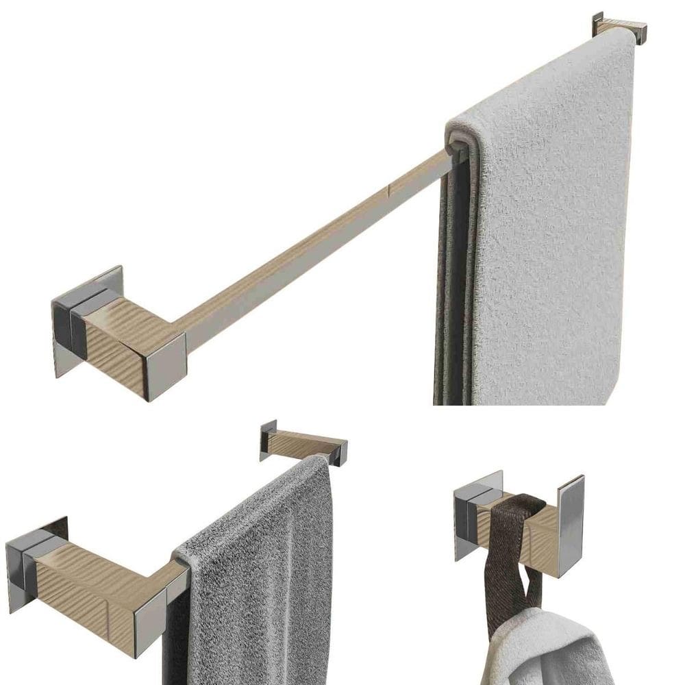 Kit Toalheiro 1Mt Inox Banheiro 3 Pçs Polido Ou Preto Fosco