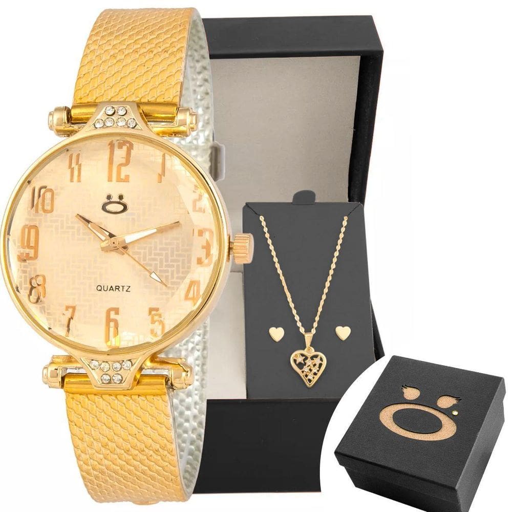 Relogio Feminino Aço Dourado + Brinco Colar Coração + Caixa