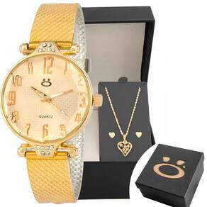 Relogio Feminino Dourado Aço + Brinco Colar Coração + Caixa