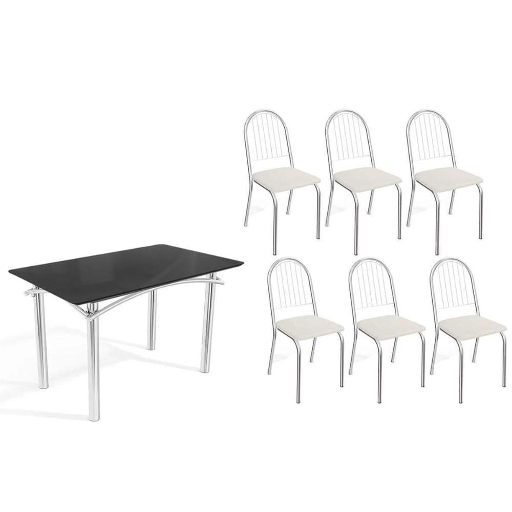 Sala de Jantar Completa Elba Tampo Madeirado c/ Vidro 120cm e 6 Cadeiras Noruega Cromada/Preto - Courano Branco - Kappesberg