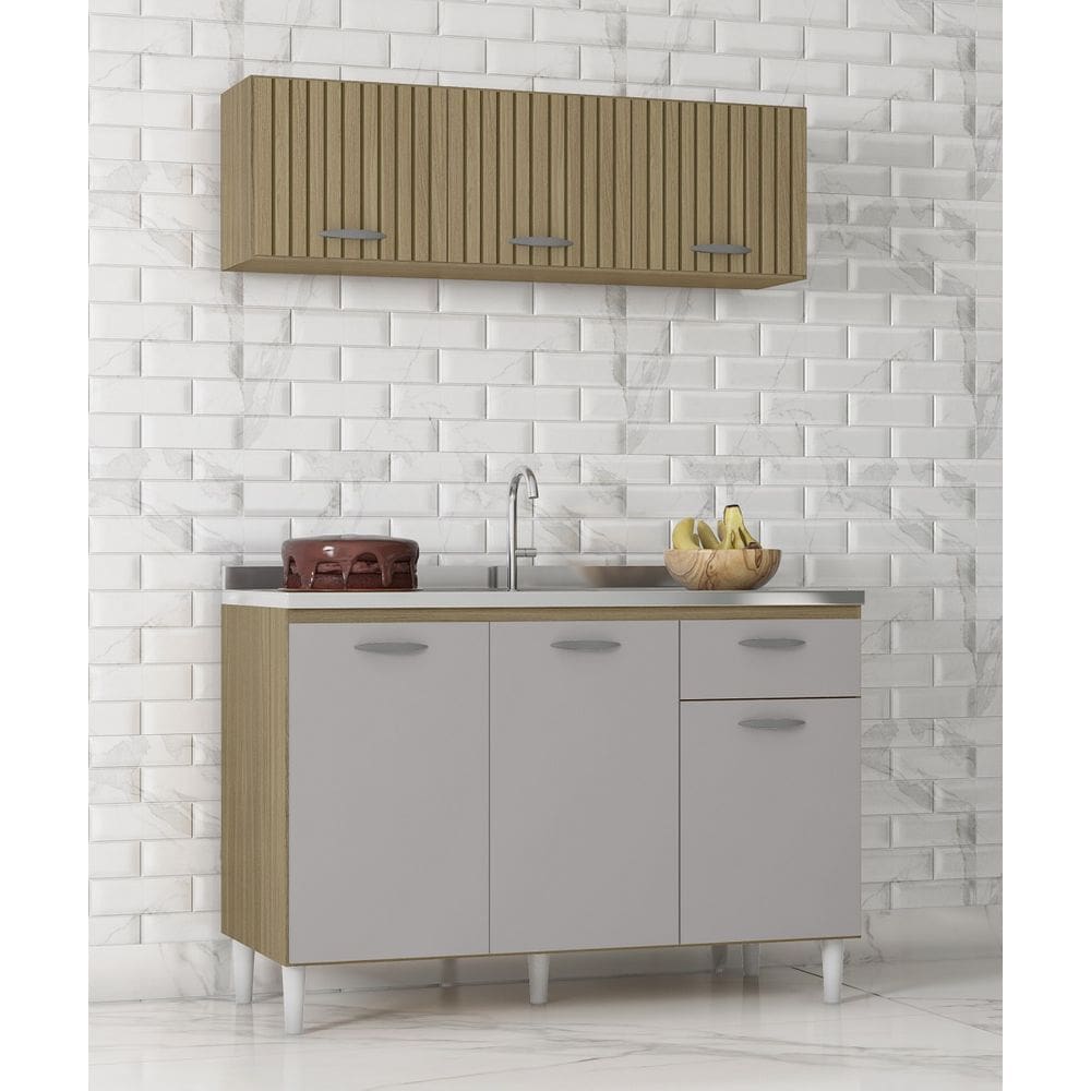Kit de Cozinha Alice 120m com Balcão Para Pia Sem Tampo/Cuba - Damasco Off White Ripado Poquema
