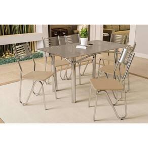 Conjunto: Mesa Sala Jantar Elba Tampo Madeirado c/ Vidro 160cm e 6 Cadeiras Nápoles Cromada/Freijo Bronze - Courano Bege - Kappesberg