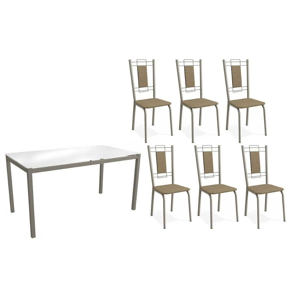 Conjunto: Mesa Sala Jantar Reno c/ Tampo de Vidro 150cm e 4 Cadeiras Florença Niquel - Courano Capuccino - Kappesberg