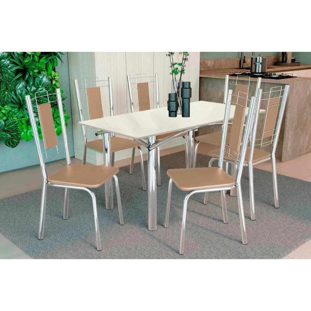 Conjunto: Mesa de Cozinha Elba Tampo Madeirado c/ Vidro 120cm e 6 Cadeiras Florença Cromada/Off White - Courano Capuccino - Kappesberg