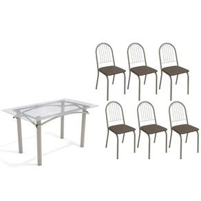 Conjunto: Mesa de Cozinha Elba c/ Tampo de Vidro 140cm e 6 Cadeiras Noruega Niquel - Courano Marrom - Kappesberg