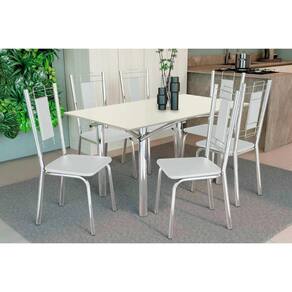 Conjunto: Mesa de Cozinha Elba Tampo Madeirado c/ Vidro 160cm e 6 Cadeiras Florença Cromada/Off White - Courano Branco - Kappesberg