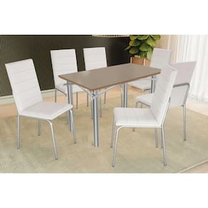 Conjunto: Mesa de Cozinha Elba Tampo Madeirado c/ Vidro 120cm e 6 Cadeiras Amsterdã Cromada/Freijo Bronze - Courano Branco - Kappesberg