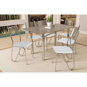 Conjunto: Mesa Sala Jantar Elba Tampo Madeirado c/ Vidro 160cm e 6 Cadeiras Nápoles Cromada/Freijo Bronze - Courano Branco - Kappesberg