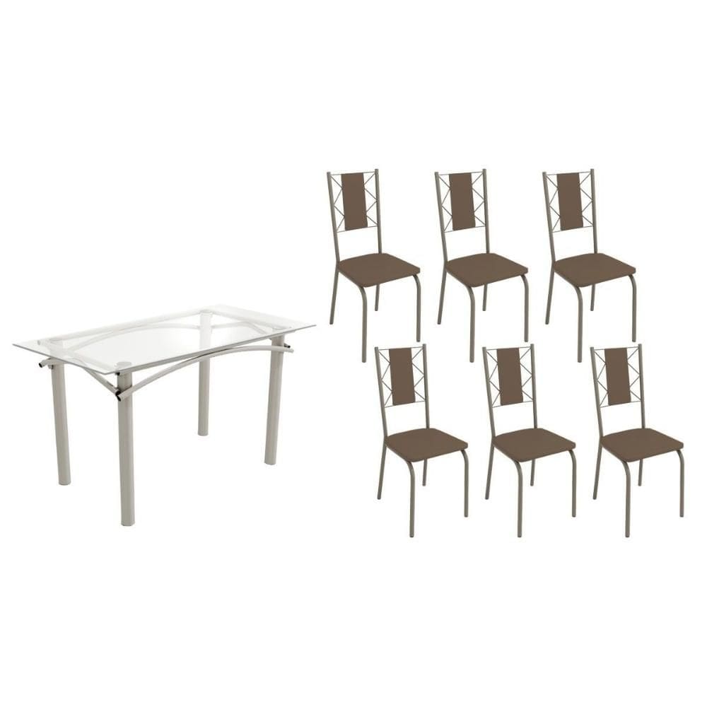 Conjunto: Mesa de Cozinha Elba c/ Tampo de Vidro 150cm e 6 Cadeiras Lisboa Niquel - Courano Marrom - Kappesberg