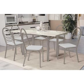 Conjunto: Mesa Sala Jantar Elba Tampo Madeirado c/ Vidro 160cm e 6 Cadeiras Holanda Niquel/Off White - Courano Branco - Kappesberg