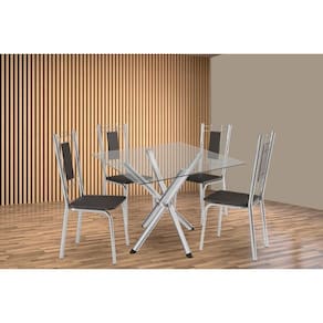 Kit 4 Cadeiras Sala Jantar Volga c/ Tampo de Vidro 90cm e 4 Cadeiras Florença Cromada - Courano Preto - Kappesberg