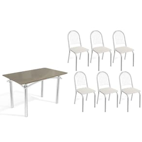 Conjunto: Mesa de Cozinha Elba Tampo Madeirado c/ Vidro 120cm e 6 Cadeiras Noruega Cromada/Freijo Bronze - Courano Branco - Kappesberg