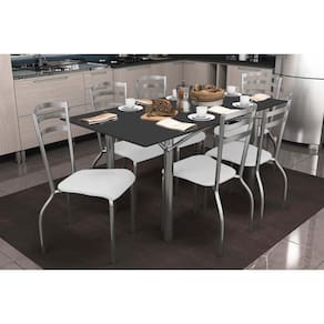 Conjunto: Mesa Sala Jantar Elba Tampo Madeirado c/ Vidro 160cm e 6 Cadeiras Portugal Cromada/Preto - Courano Branco - Kappesberg