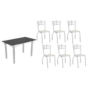 Conjunto: Mesa Sala Jantar Elba Tampo Madeirado c/ Vidro 120cm e 6 Cadeiras Portugal Cromada/Preto - Courano Branco - Kappesberg