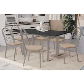 Conjunto: Mesa Sala Jantar Elba Tampo Madeirado c/ Vidro 160cm e 6 Cadeiras Holanda Niquel/Preto - Courano Bege - Kappesberg