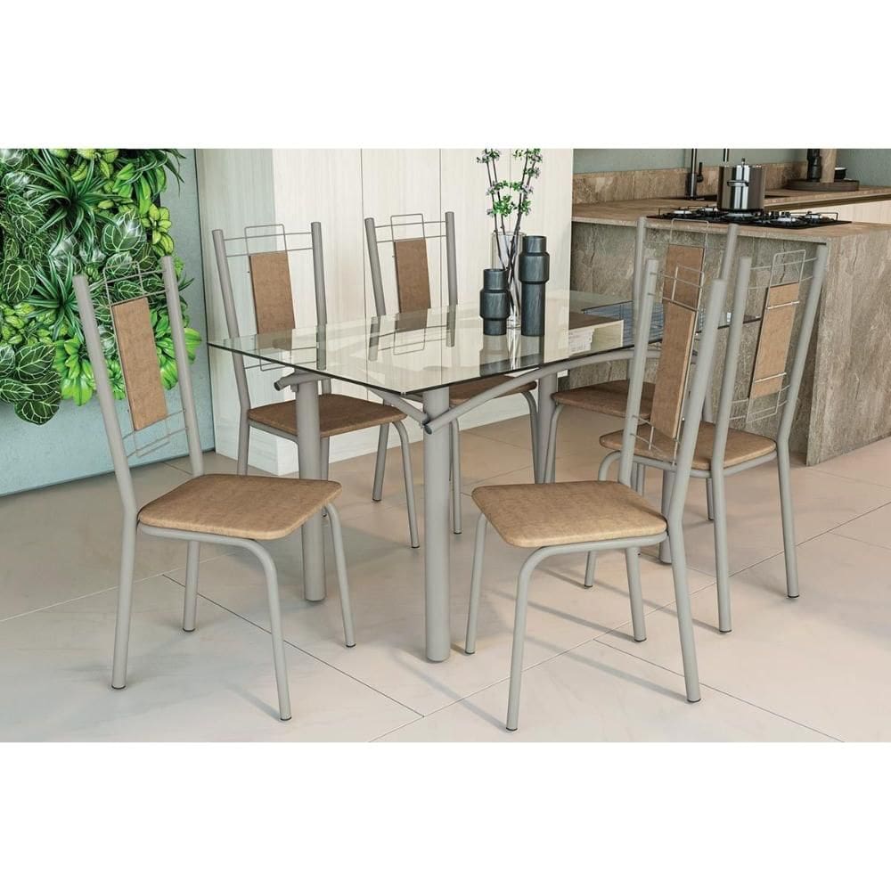 Conjunto: Mesa de Cozinha Elba c/ Tampo de Vidro 150cm e 6 Cadeiras Florença Niquel - Courano Capuccino - Kappesberg
