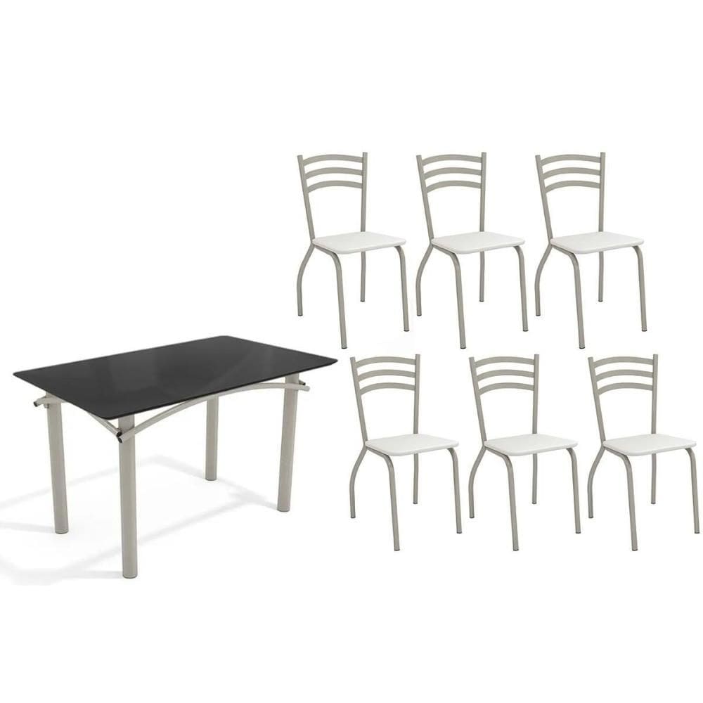 Conjunto: Mesa Sala Jantar Elba Tampo Madeirado c/ Vidro 120cm e 6 Cadeiras Portugal Niquel/Preto - Courano Branco - Kappesberg